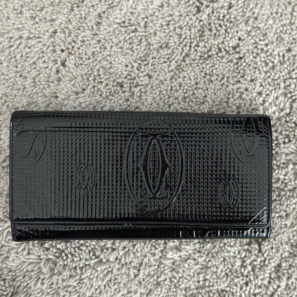 Auth Cartier genuine leather wallet black patent leather great used condition